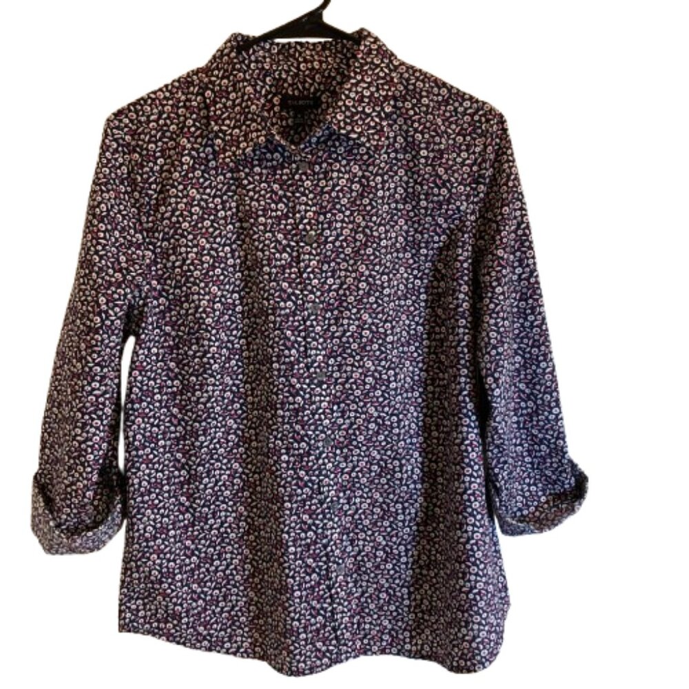 Talbots Cotton Button-Down Shirt LS Ditsy Floral Blue Red White Roll Sleeves, 12
